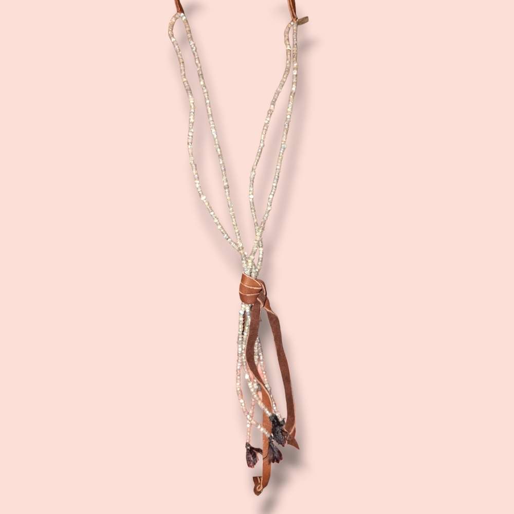 CLP Gemstone And Leather Tassel Bolo Style  Adjustable Necklace